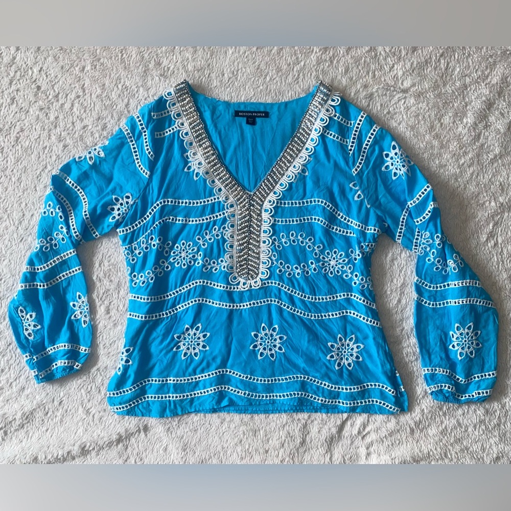 Large Boston Proper Turquoise V-Neck Embroidered & Beaded Long Sleeve Blouse